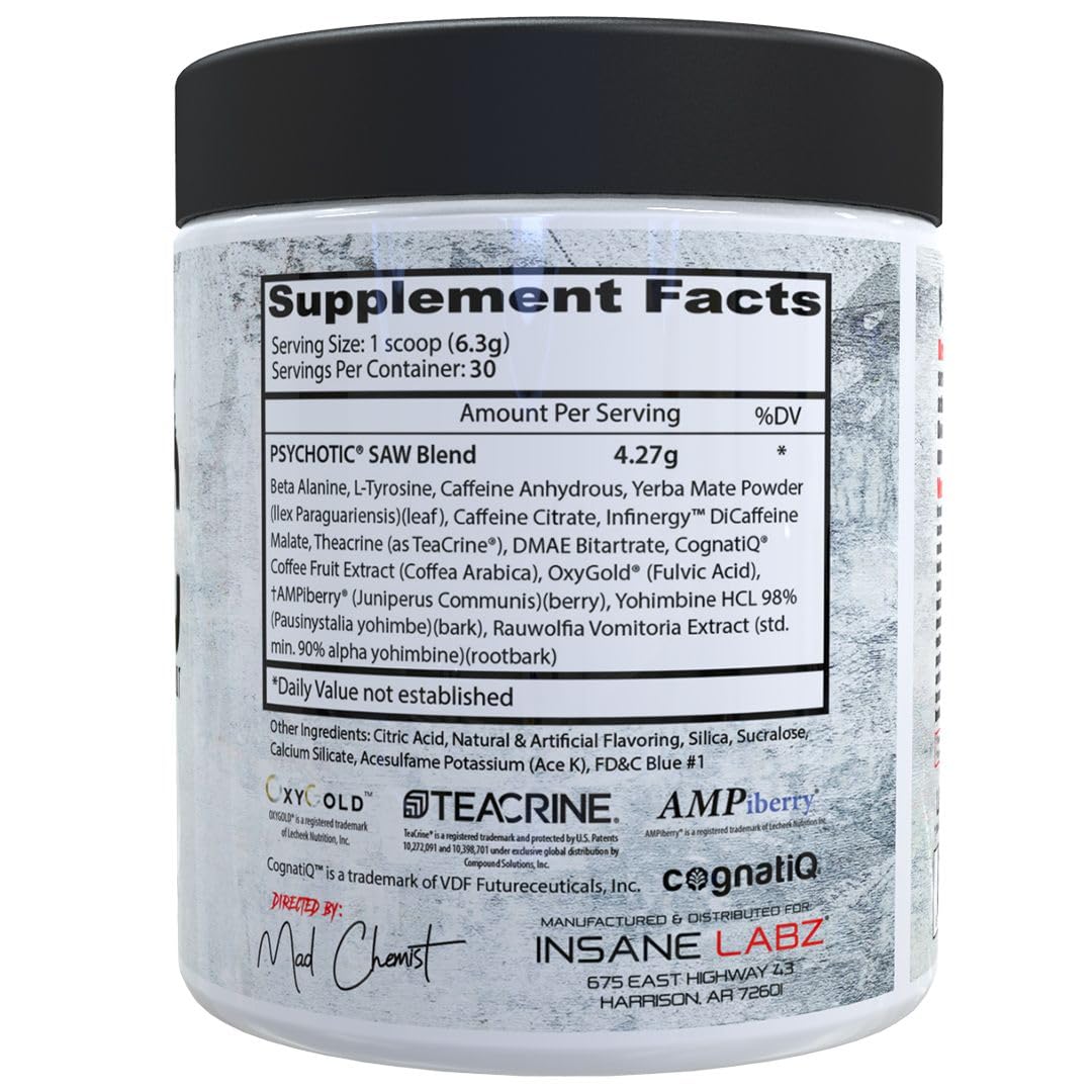 Insane Labz Psychotic Saw, High Stim Pre Workout Powder with OxyGold™ and AMPiberry®,Extreme Lasting Energy with Teacrine®,Focus with CognitIQ® and Endurance (30 Servings, Watermelon)