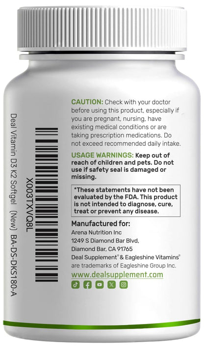 DEAL SUPPLEMENT Vitamin D3 5,000 IU + K2 MK7 Softgels, 250 Count | 2-in-1 Complex | Easy to Swallow DEAL SUPPLEMENT