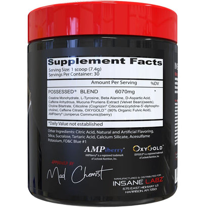 Insane Labz Possessed Low Stimulant Testosterone Boosting Pre Workout Powder, Loaded with D Aspartic Acid and Creatine Fueled by AMPiberry and OXYgold, 30 Srvgs, Gummy Worm