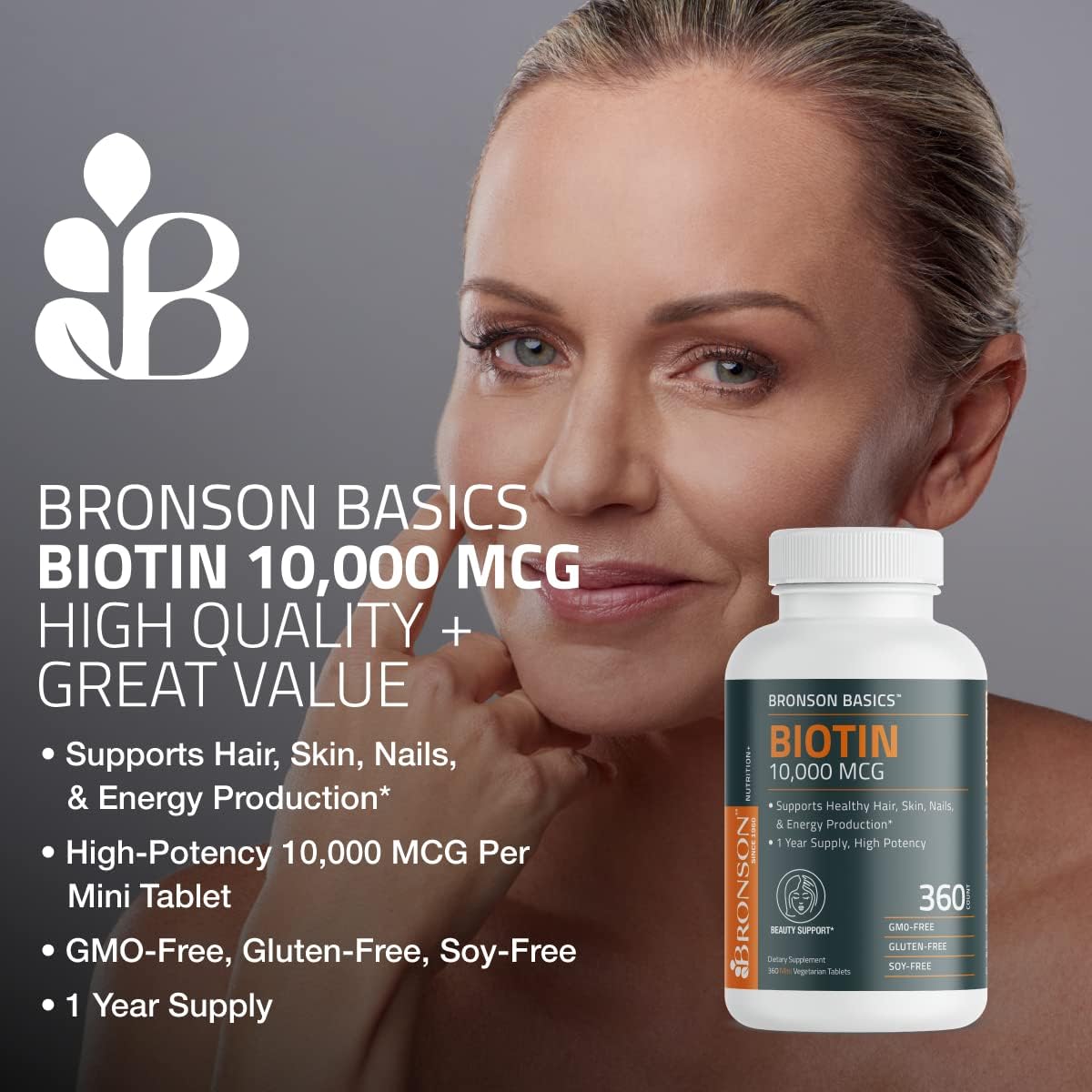 Bronson Biotin 10,000mcg, Supports Healthy Hair, Skin and Nails, Vegetarian, Non-GMO, 150 Tablets Bronson