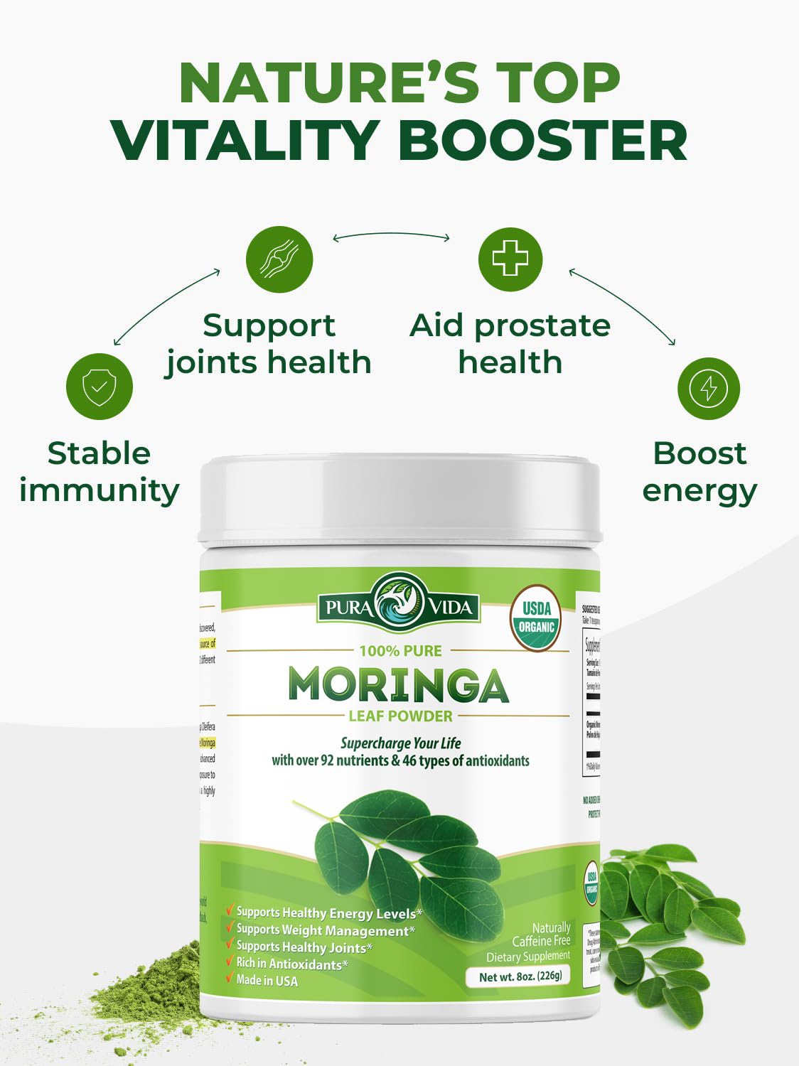 PURA VIDA MORINGA Organic Moringa Powder, Premium 100% Leaf Powder Single Origin - USDA Organic Moringa Oleifera Leaf PURA VIDA MORINGA