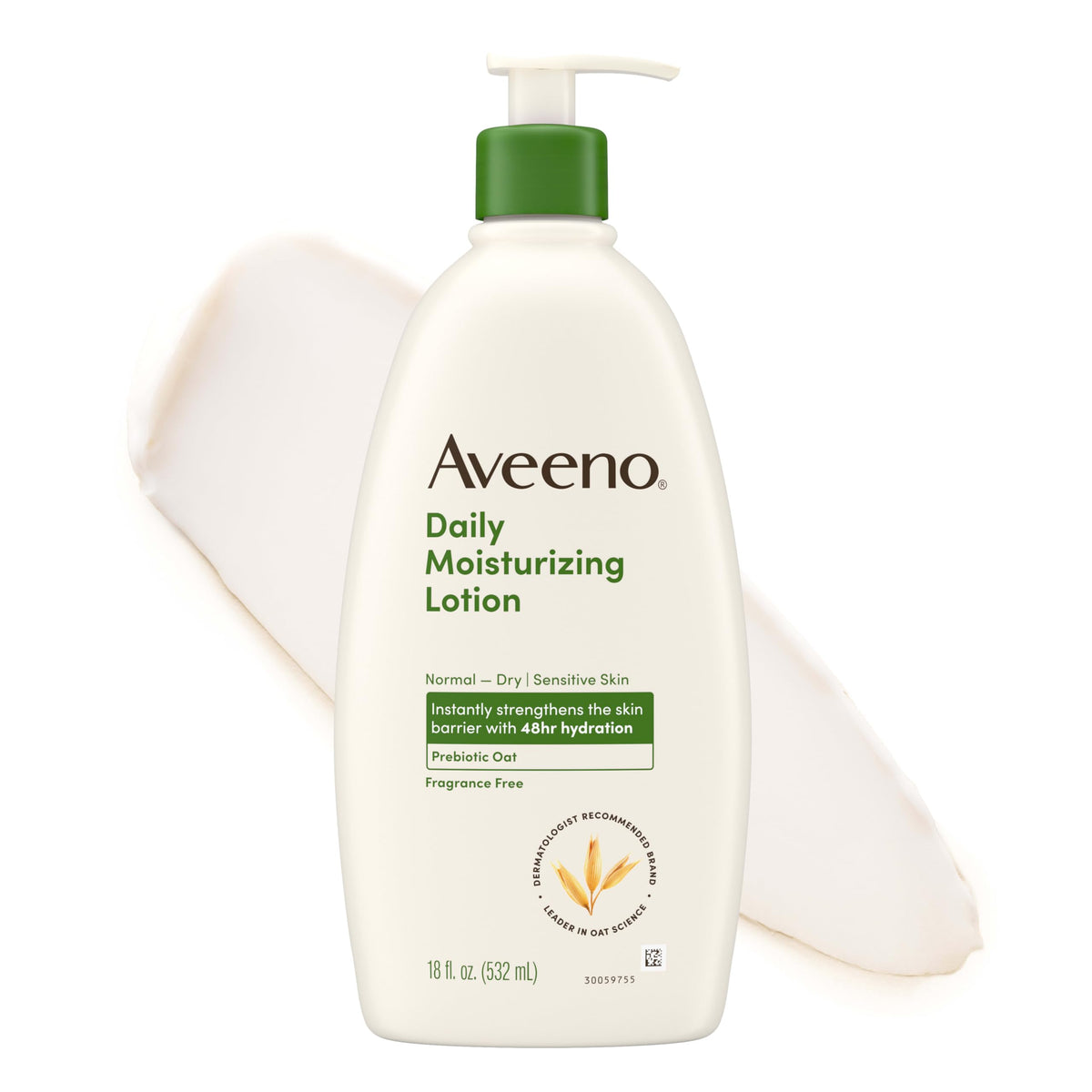 Aveeno Daily Moisturizing Body Lotion for Normal to Dry Skin, Moisturizer with Soothing Prebiotic Oat, Non Greasy, Non Comedogenic, Fragrance Free Body Lotion for Women & Men, 18 Fl Oz Aveeno