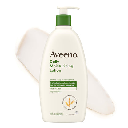 Aveeno Daily Moisturizing Body Lotion for Normal to Dry Skin, Moisturizer with Soothing Prebiotic Oat, Non Greasy, Non Comedogenic, Fragrance Free Body Lotion for Women & Men, 18 Fl Oz Aveeno