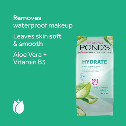 Pond's Vitamin Micellar Wipes For Dry Skin Hydrate Aloe Vera Removes Waterproof Makeup 25 Wipes (Pack of 2) POND'S