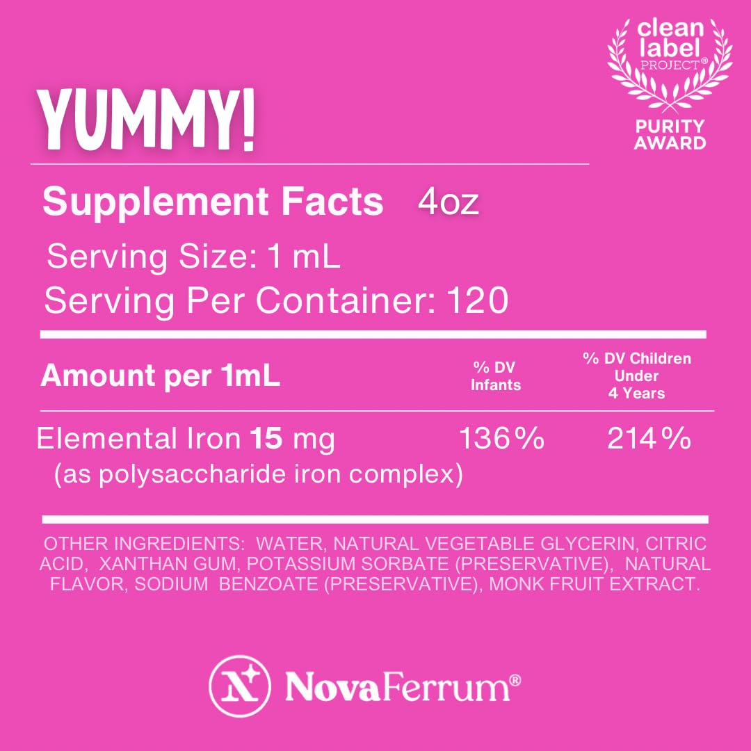 NovaFerrum Yummy | Pediatric Drops Liquid Iron Supplement for Infants and Toddlers | Liquid Iron for Kids | 15mg of Iron Per 1mL Dose | Ages 4 & Under NovaFerrum