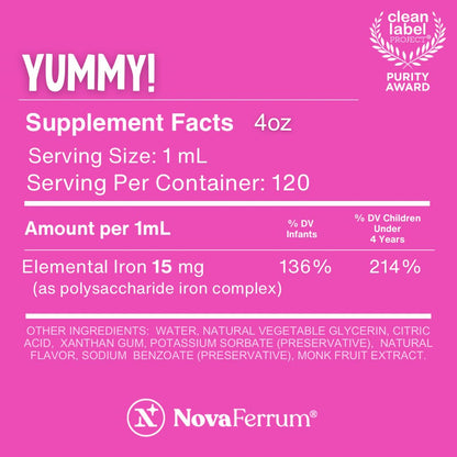 NovaFerrum Yummy | Pediatric Drops Liquid Iron Supplement for Infants and Toddlers | Liquid Iron for Kids | 15mg of Iron Per 1mL Dose | Ages 4 & Under NovaFerrum