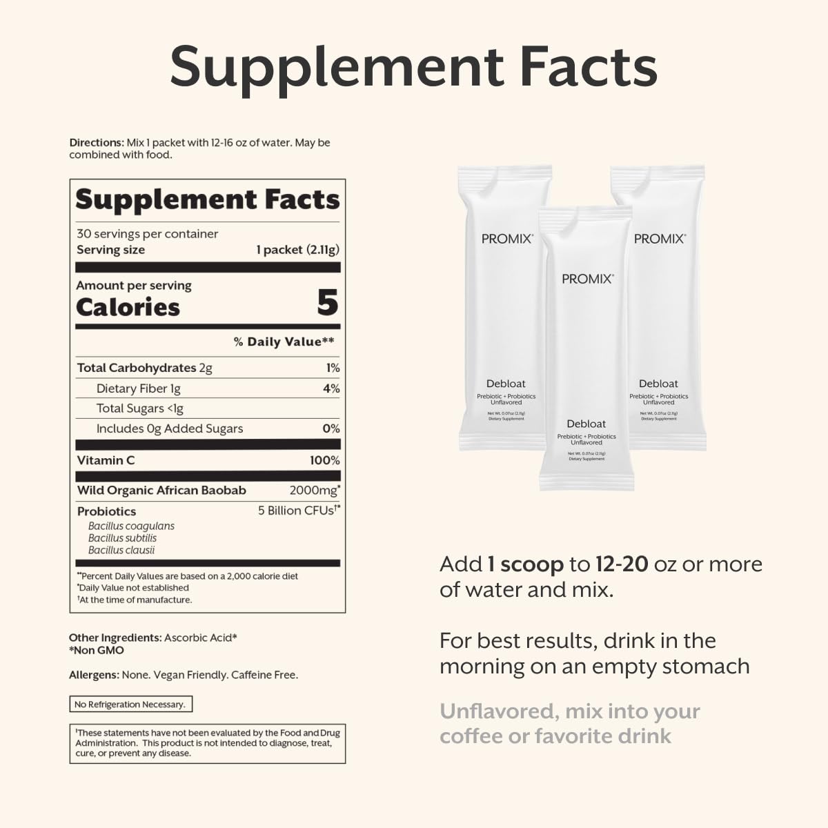 ProMix Nutrition Debloat Prebiotics and Probiotics Immune Support Supplement for Digestion, Cortisol Health, Gut Cleanse - Unflavored - 30 Servings (Pack of 30) ProMix Nutrition