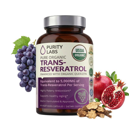Purity Labs Trans-Resveratrol Supplement 5,000 mg Equivalent per Serving with Quercetin, USDA Organic High Potency Antioxidant, Purity Labs