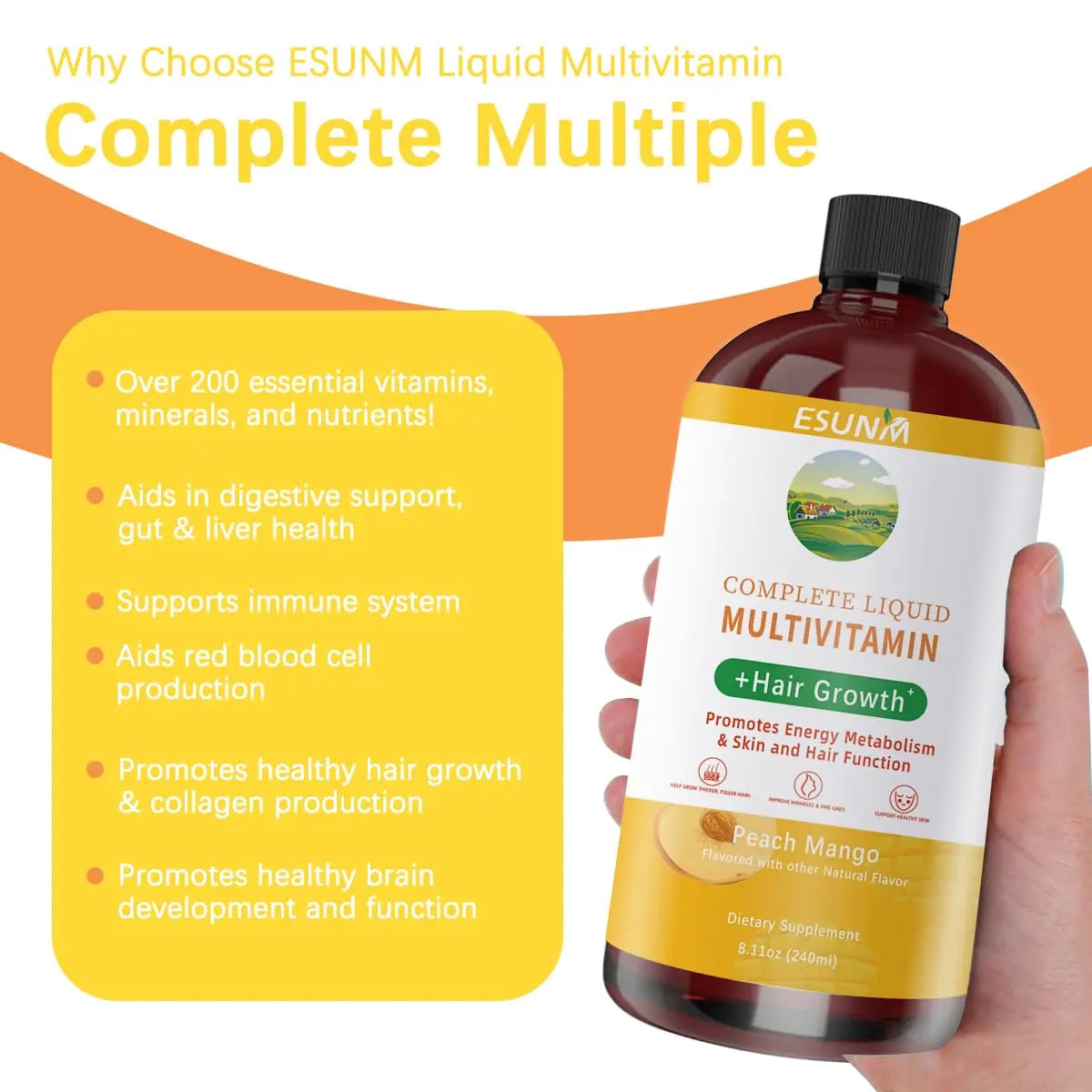 ESUNM Complete Liquid Multivitamin + Hair Growth, Promotes Energy Metabolism& Skin and Hair Function| Vitamin C D | B Vitamins | ESUNM buy australia supplements