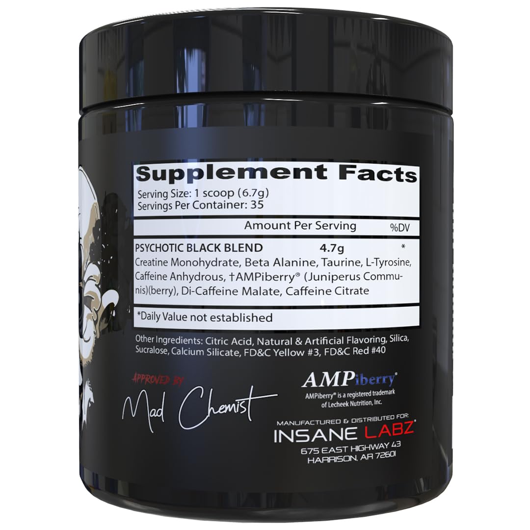 Insane Labz Psychotic Black Edition Mid Stimulant Pre Workout Powder, Energy Focus Pumps, Loaded with Creatine Beta Alanine Taurine Fueled by AMPiberry, 35 Servings (Blue Raspberry)