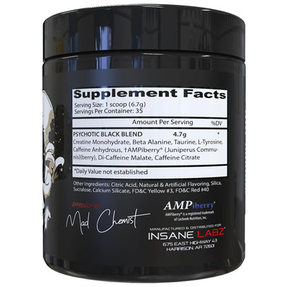 Insane Labz Psychotic Black Edition Mid Stimulant Pre Workout Powder, Energy Focus Pumps, Loaded with Creatine Beta Alanine Taurine Fueled by AMPiberry, 35 Servings (Blue Raspberry)