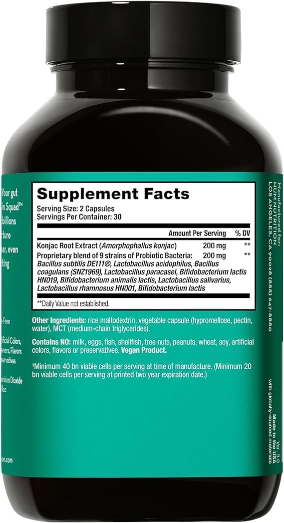 HUM Skin Squad Probiotics for Women and Men, Skin Care Supplement for Clear Complexion & Gut Health Support, Microbiome Prebiotic & Probiotic Supplement for Breakouts, Digestive Health, 60 Capsules