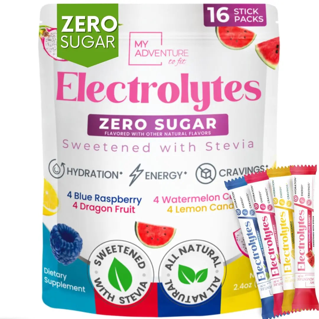 My Adventure to Fit Electrolytes Powder Packets – 16 Sugar-Free Hydration Packets, Potassium Supplement, Watermelon Candy, Blue Raspberry, Lemon Candy, Dragon Fruit My Adventure to Fit