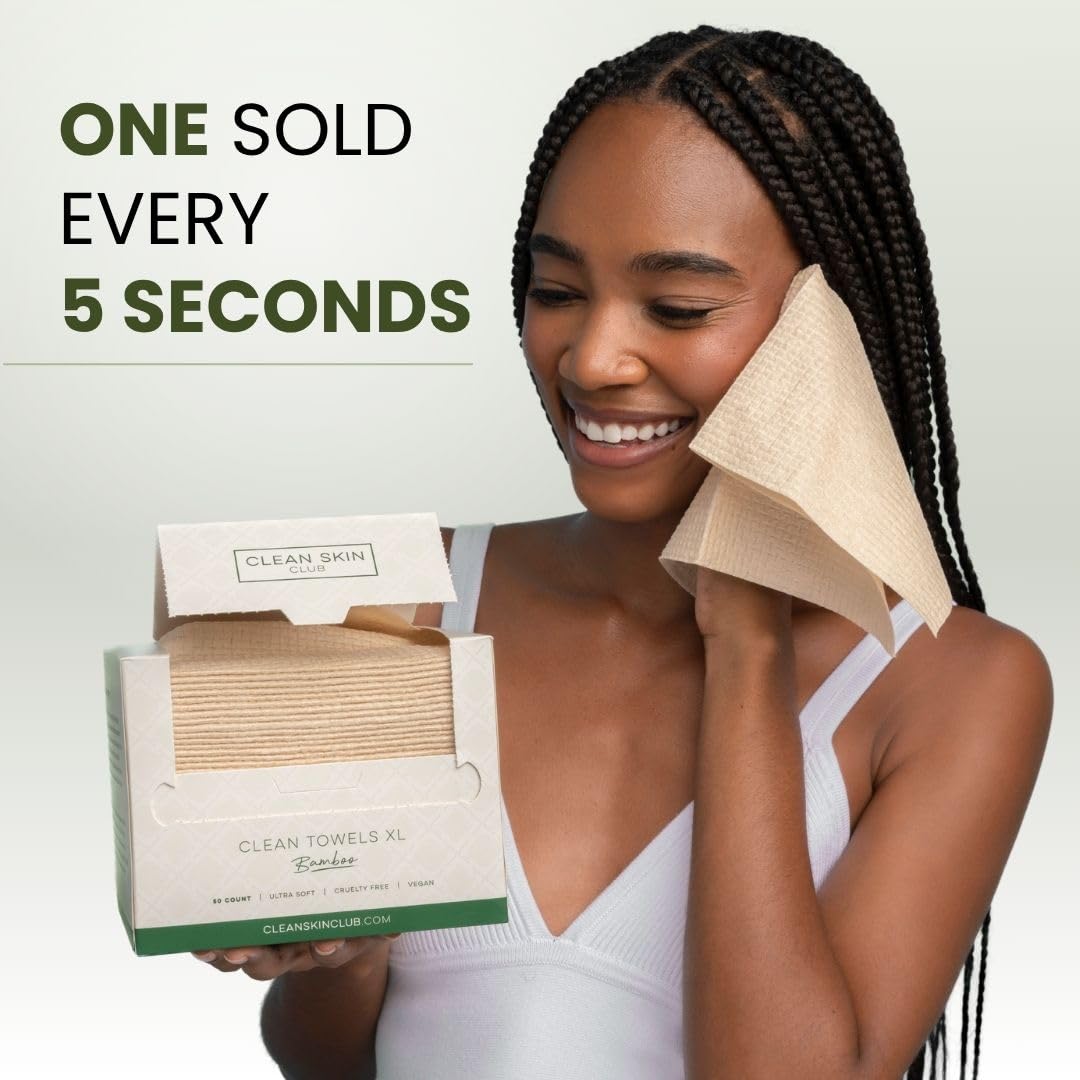 Clean Skin Club Bamboo Viscose Clean Towels® XL 100% USDA Biobased Face Towel, Disposable Face Towelette, Makeup Remover Dry Wipes, Ultra Soft, 50 Ct, 1 Pack CLEAN SKIN CLUB