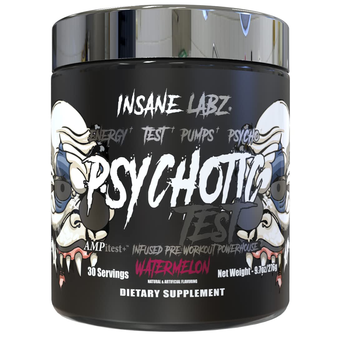 Insane Labz Psychotic Test, High Stim Testosterone Energy and Pump Boosting Pre-Workout Powder with DMAE Bitartrate, D Aspartic Acid, Creatine HCL and Glycerol Monostearate, 30 Servings (Lemon-Lime)