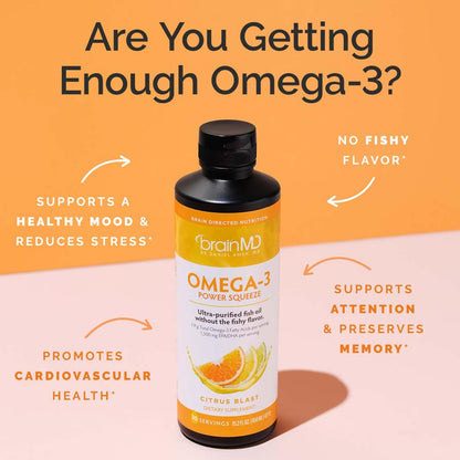 BRAINMD Dr Amen Omega-3 Power Squeeze, Citrus Blast - 16.8 oz - Fish Oil - Supports Cardiovascular, Brain & Immune System Health - Gluten Free - 30 Servings