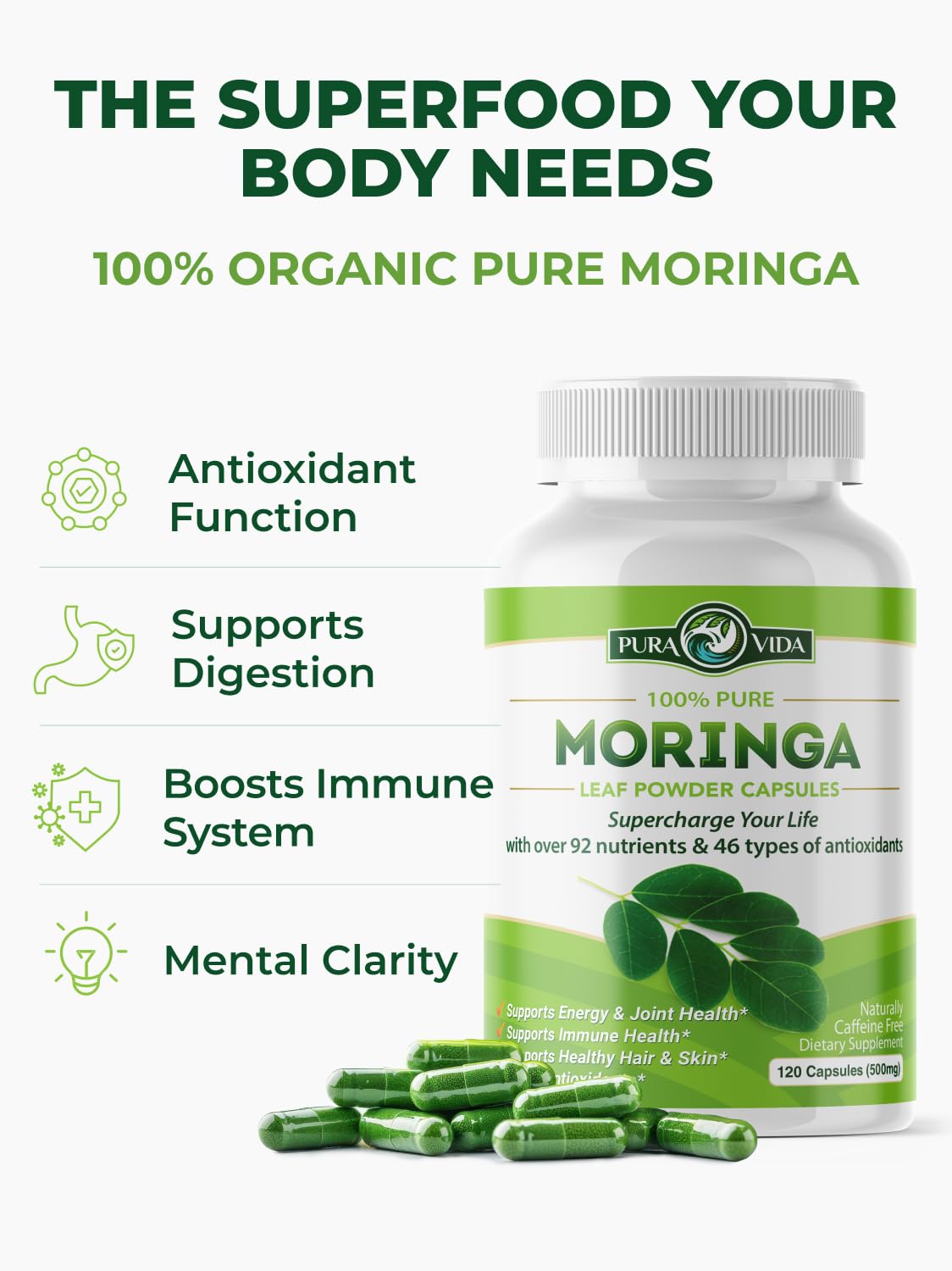 PURA VIDA MORINGA Organic Moringa Capsules, Pure Moringa Leaf Powder Single Origin for Energy, Metabolism & Immune Support Pura Vida Moringa