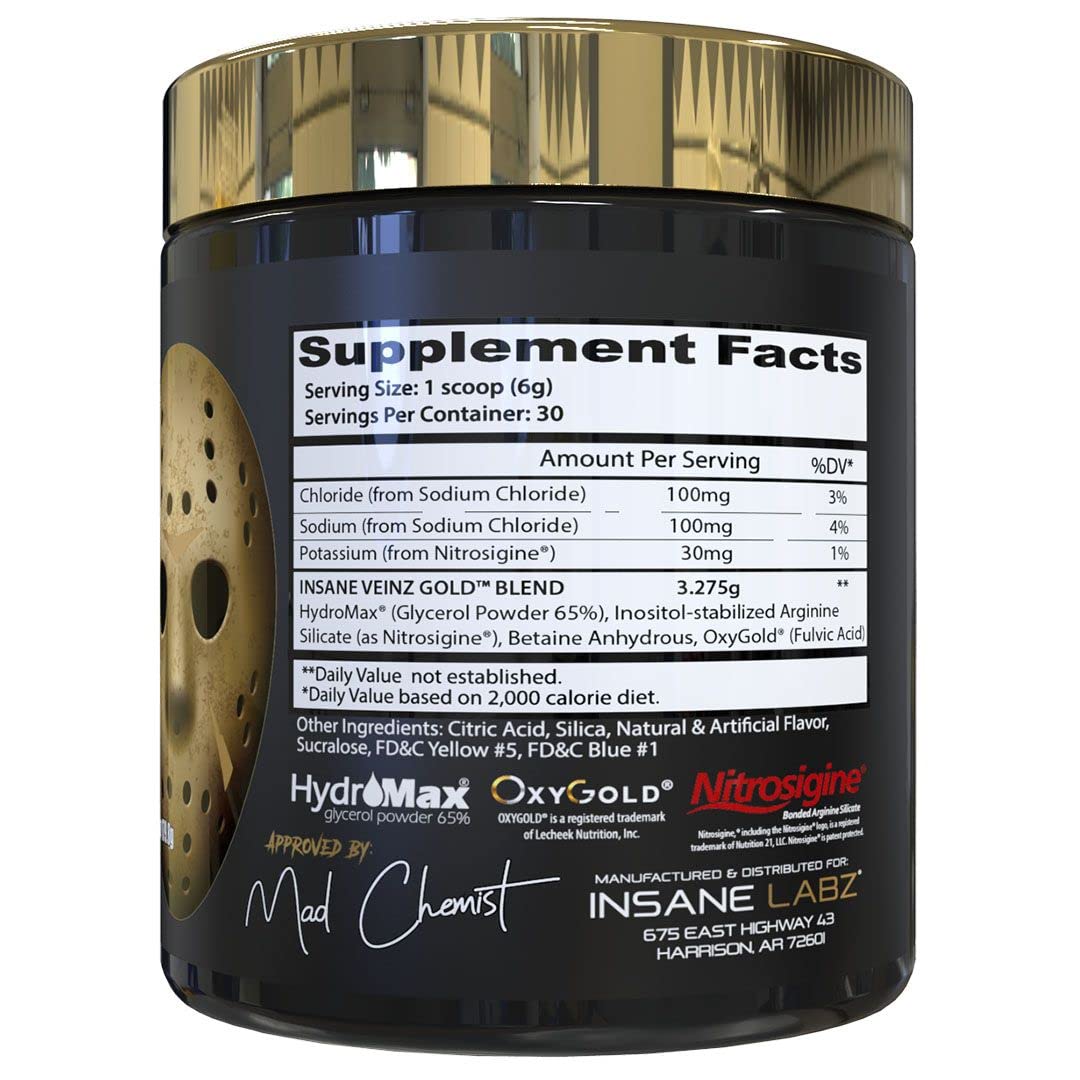 Insane Labz Insane Veinz Gold, Nitric Oxide Non Stimulant pre Workout Powder, Loaded with Hydromax, Nitrosigine, Increases Vascularity and Blood Flow, 30 Srvgs, Grape