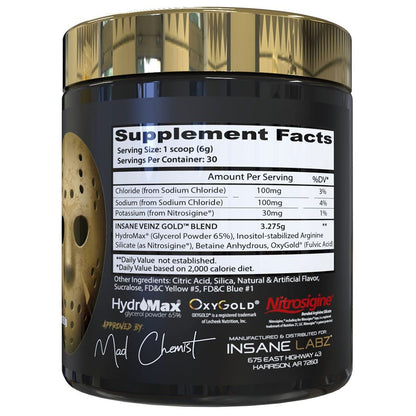Insane Labz Insane Veinz Gold, Nitric Oxide Non Stimulant pre Workout Powder, Loaded with Hydromax, Nitrosigine, Increases Vascularity and Blood Flow, 30 Srvgs, Grape