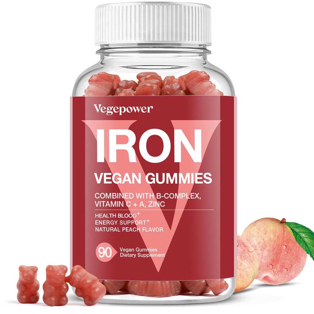 Vegan Iron Gummies Supplement - with Vitamin C, A, B-Complex, Folate, Zinc for Adults & Kids - Health Blood & Energy Support for Iron Deficiency, VEGEPOWER