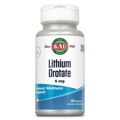 KAL Lithium Orotate 5 milligrams | Low Serving Of Chelated Lithium Orotate For Bioavailability and Mood Support | In Organic Rice Bran Extract Base | 120 VegCaps KAL