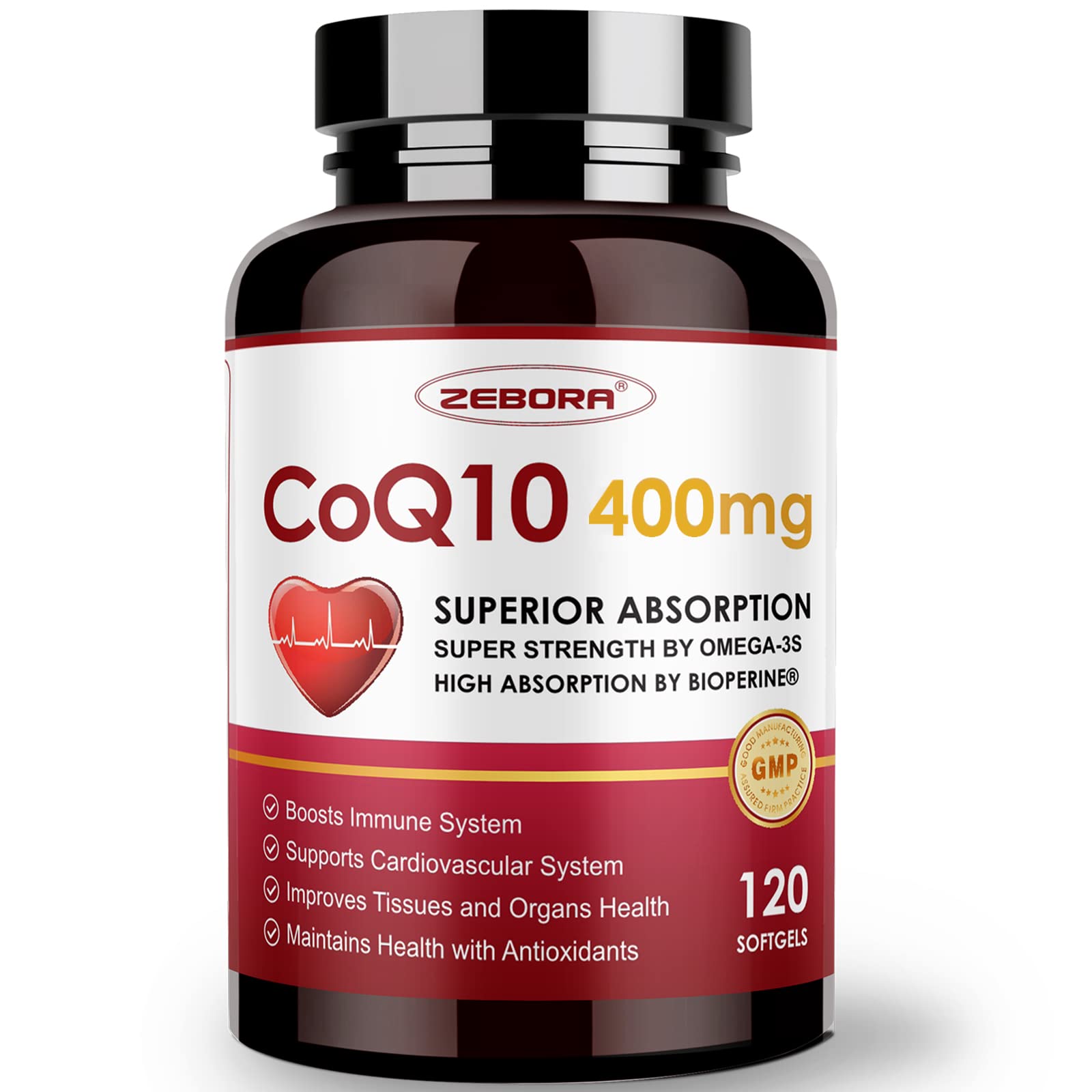 ZEBORA CoQ10-400mg-Softgels with PQQ, BioPerine & Omega-3, Coenzyme Q10(Ubiquinone) Supplement for High-Absorption, Powerful-Antioxidant ZEBORA