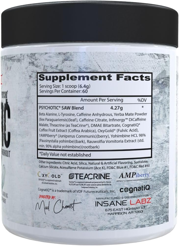 Insane Labz Psychotic Saw, High Stim Pre Workout Powder with OxyGold™ and AMPiberry®,Extreme Lasting Energy with Teacrine®,Focus with CognitIQ® and Endurance (60 Servings, Grape)