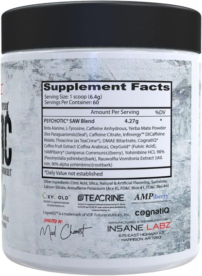 Insane Labz Psychotic Saw, High Stim Pre Workout Powder with OxyGold™ and AMPiberry®,Extreme Lasting Energy with Teacrine®,Focus with CognitIQ® and Endurance (60 Servings, Grape)