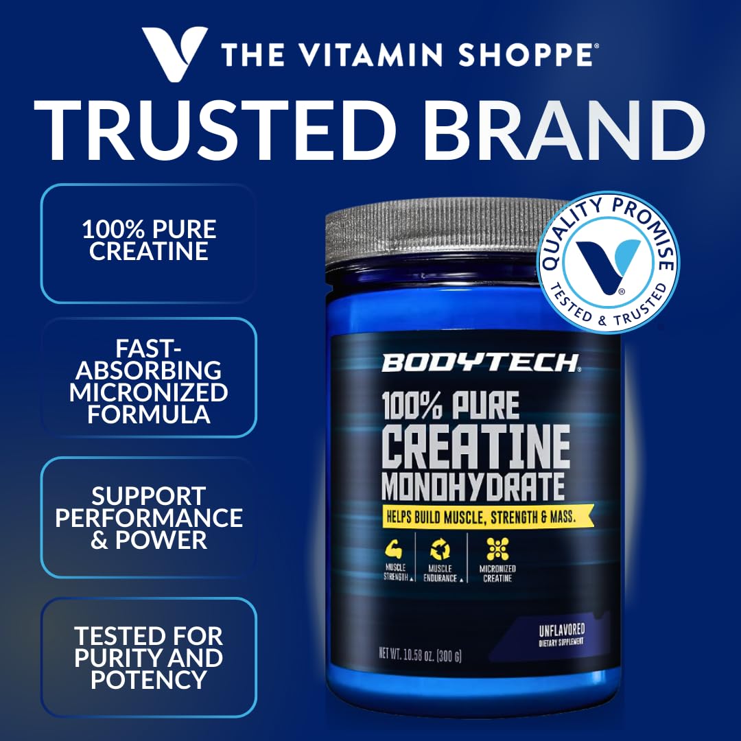BodyTech Creatine Monohydrate Powder, Unflavored Micronized Creatine Formula for Men and Women, 5g per Serving, Pre Workout & Post Workout Supplement BodyTech