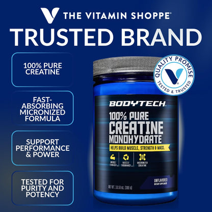 BodyTech Creatine Monohydrate Powder, Unflavored Micronized Creatine Formula for Men and Women, 5g per Serving, Pre Workout & Post Workout Supplement BodyTech