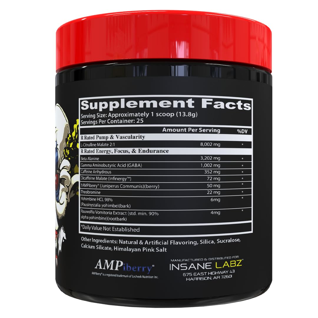 Insane Labz Psychotic Rated-R, High Stimulant Pre Workout Powder, Extreme Lasting Energy, Focus and Endurance with 8G+ L-Citrulline Malate, 3.2G+ Beta Alanine, 1G+ GABA, (25 Servings, Sour Grape)