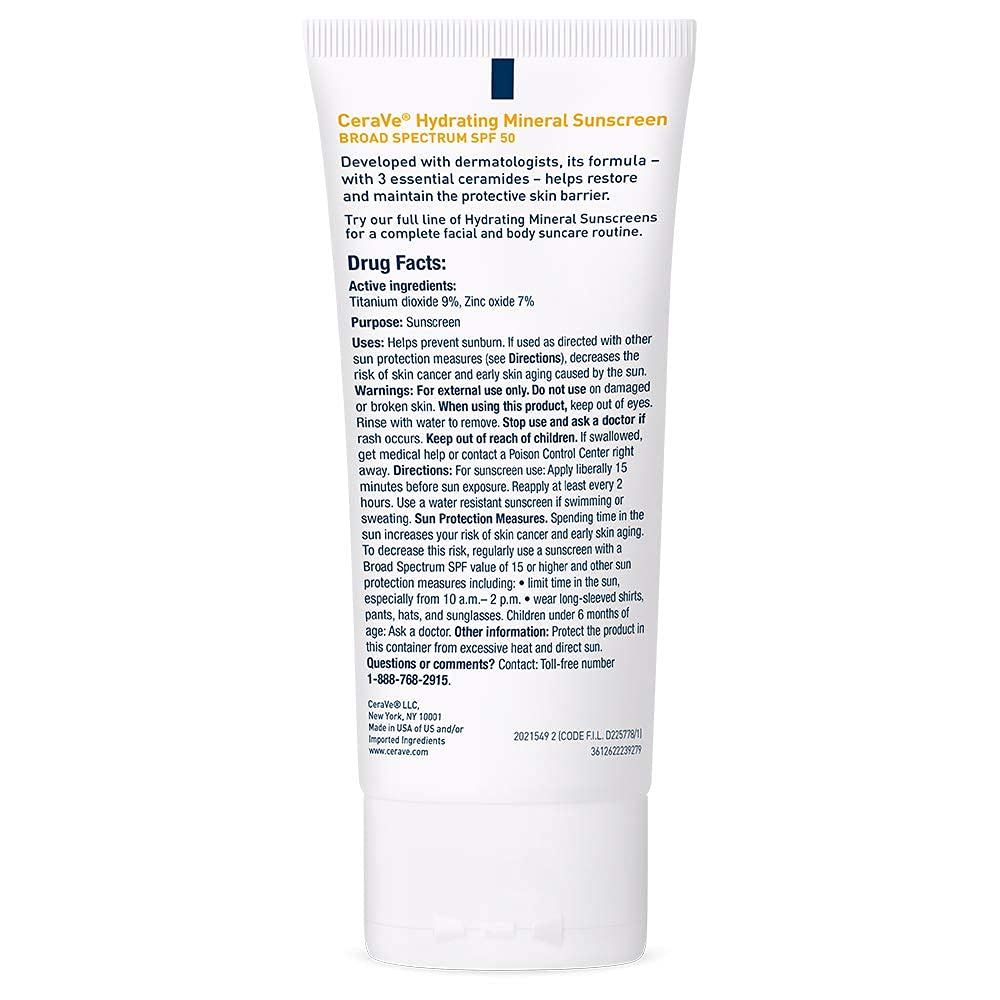 CeraVe Hydrating Mineral Sunscreen SPF 50 Face Sunscreen, Travel Size 2.5oz CeraVe