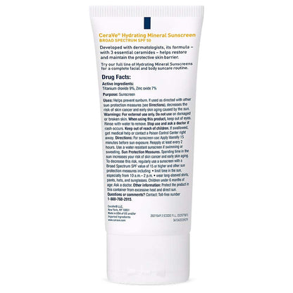 CeraVe Hydrating Mineral Sunscreen SPF 50 Face Sunscreen, Travel Size 2.5oz CeraVe