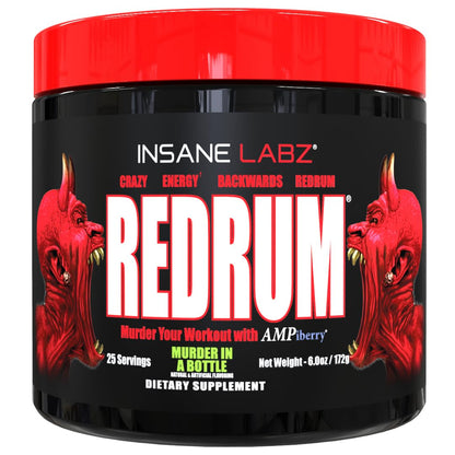 Insane Labz Redrum High Stim Pre Workout NO Booster Powder, Loaded with Beta Alanine Agmatine Sulfate Taurine Fueled by AMPiberry, OXYgold,Focus Strength Recovery,25 Srvgs Devil's Blood Black Cherry