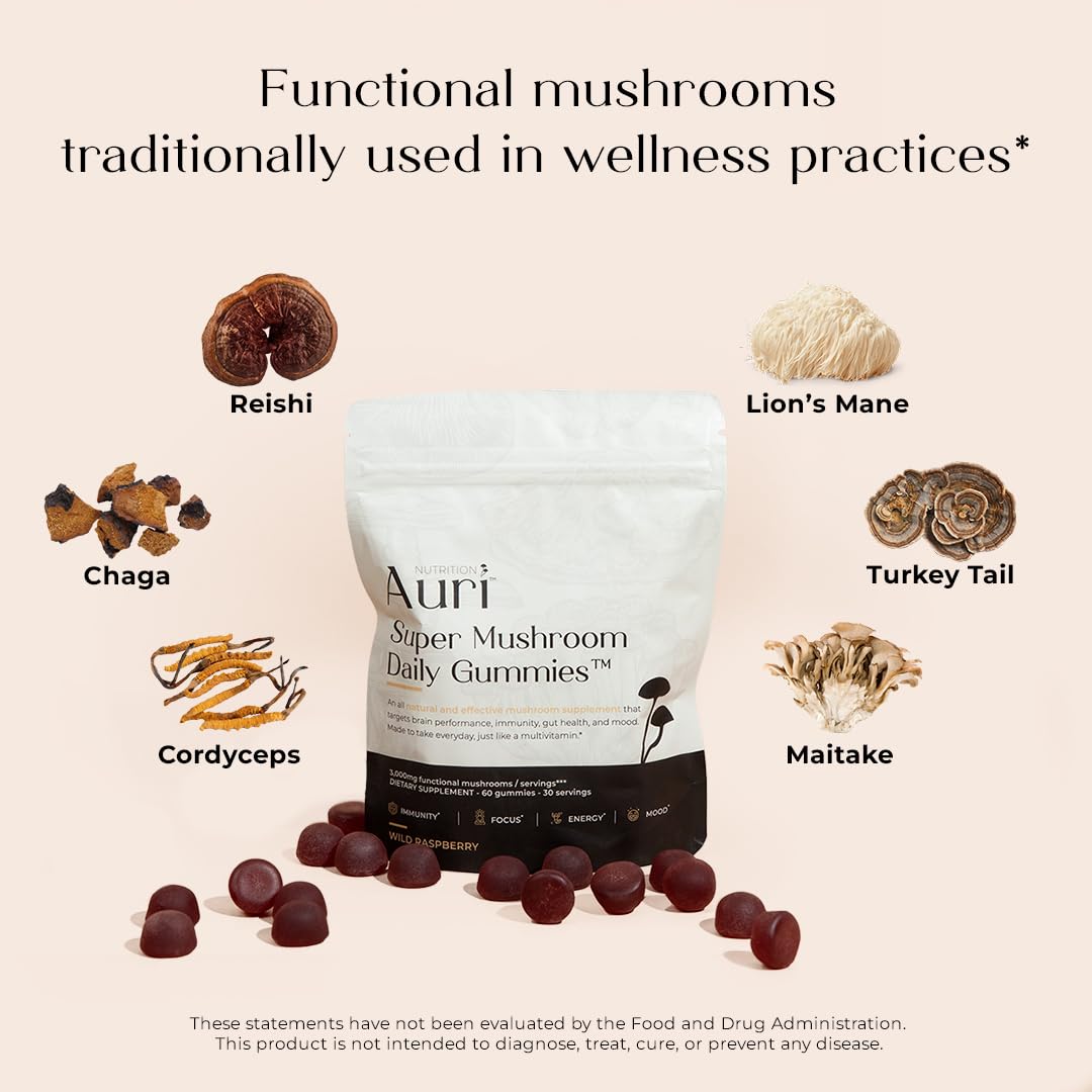Auri Nutrition Super Mushroom Daily Gummies – All-in-One Functional Gummy with 12 Mushroom Blend Including Lion’s Mane Auri