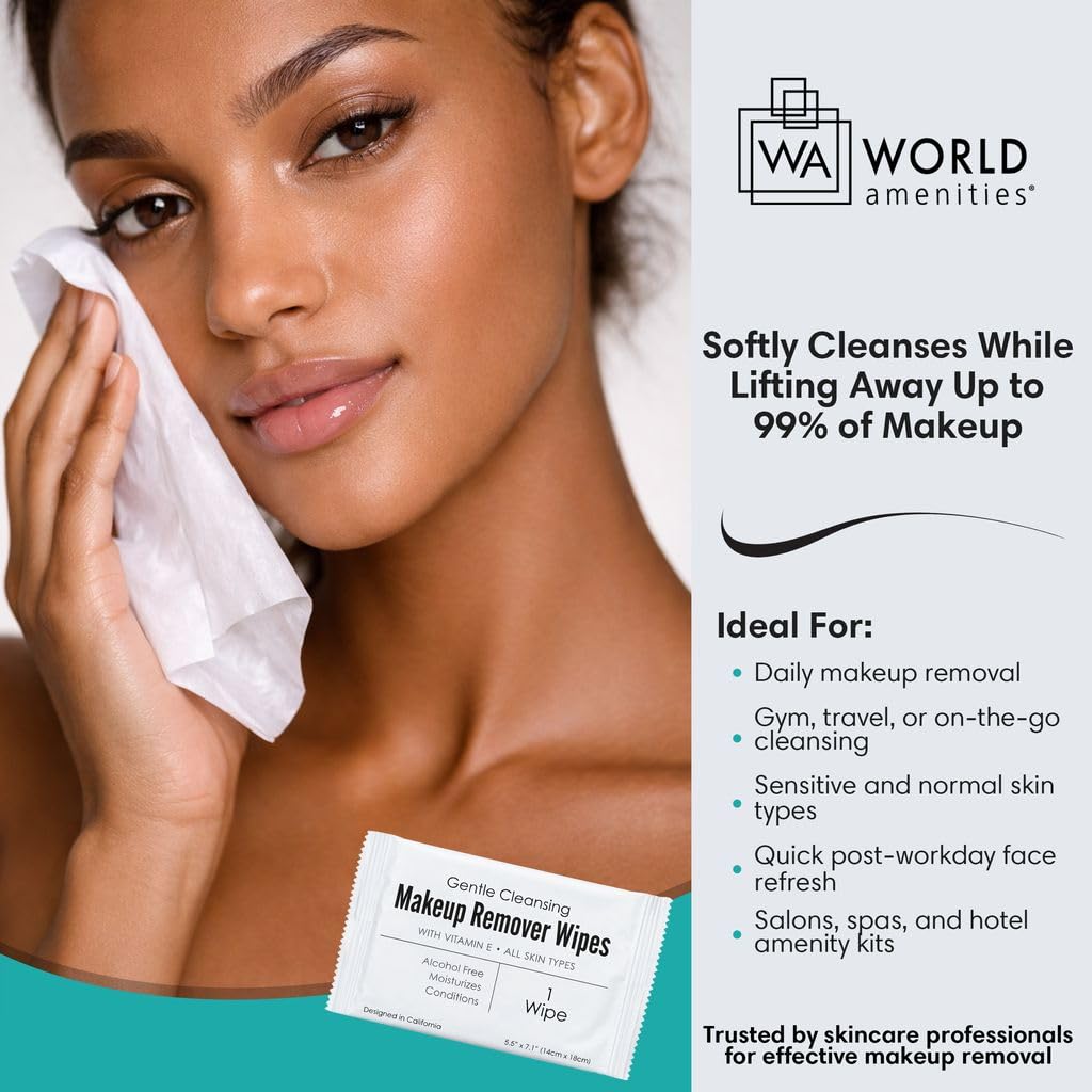 World Amenities Individual Makeup Remover Wipes, 50 Individually Wrapped World Amenities