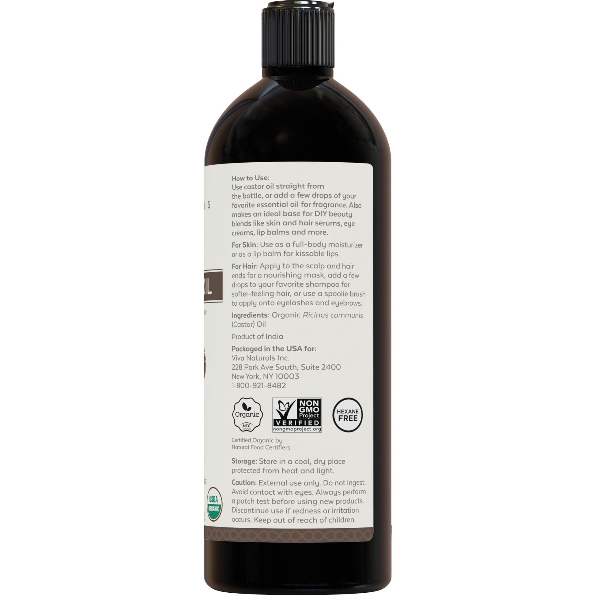 Viva Naturals Organic Castor Oil, Cold-Pressed, 16 fl oz – For Face, Hair, Eyelashes, USDA Organic, Non-GMO - With Beauty Kit Gsupps Australia