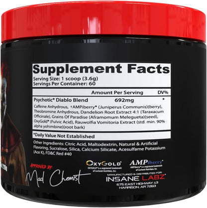 Insane Labz Psychotic Diablo Thermogenic Fat Burner for Men and Women with Grains of Paradise Theobromine Dandelion Root Extract Fueled by AMPiberry, Appetite Suppressant - 60 Servings