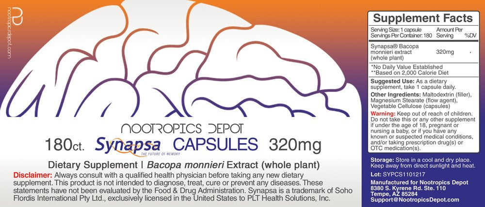 Nootropics Depot Synapsa Bacopa Monnieri Capsules | 320mg | 60 Count | Whole Plant Extract | Ayurveda Supplement | Adaptogen Herb | to Enhance Learning, Memory & Mental Performance