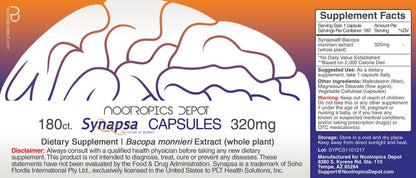 Nootropics Depot Synapsa Bacopa Monnieri Capsules | 320mg | 60 Count | Whole Plant Extract | Ayurveda Supplement | Adaptogen Herb | to Enhance Learning, Memory & Mental Performance