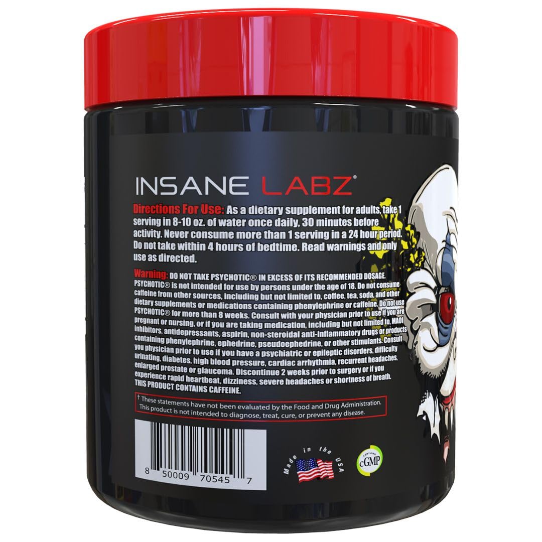 Insane Labz Psychotic, High Stimulant Pre Workout Powder, Extreme Lasting Energy, Focus and Endurance with Beta Alanine, Creatine Monohydrate DMAE, 35 Srvgs (Fruit Punch)