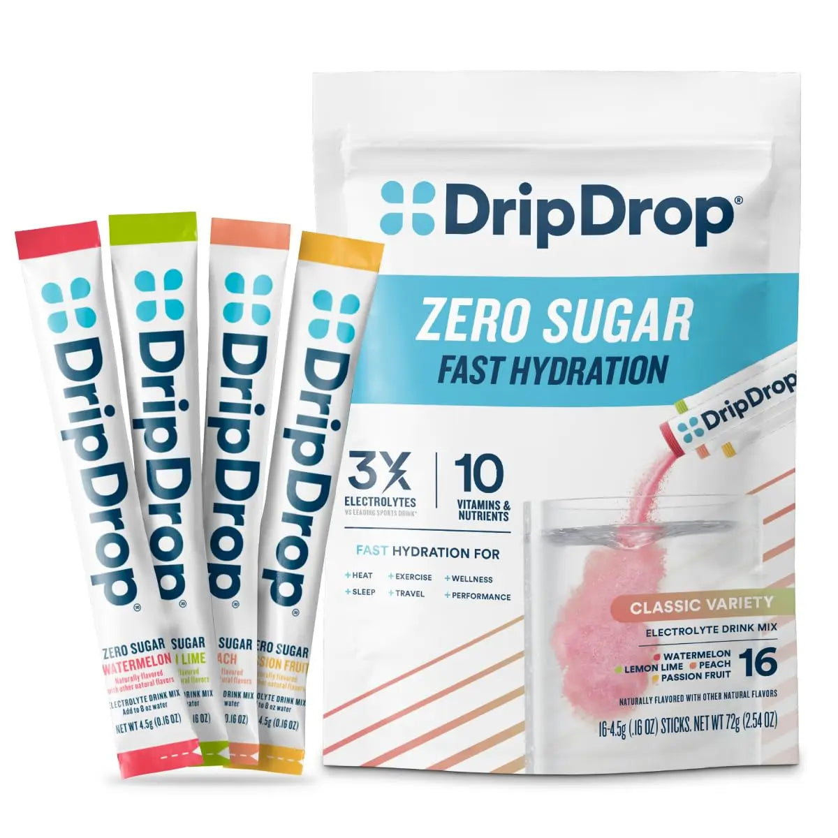 DripDrop Sugar Free Hydration Packets - Zero Classic Variety Pack - Single Serve Electrolytes Powder Drink Mix - Lemon Lime, Watermelon, Peach, Passion Fruit DripDrop