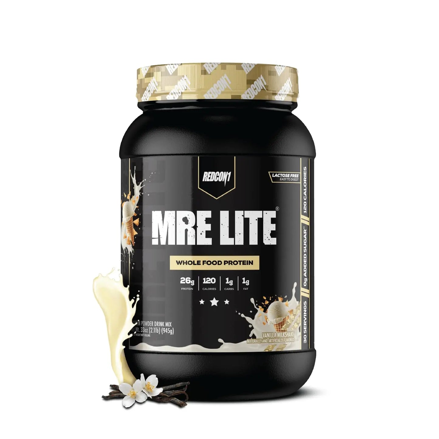 REDCON1 MRE LITE Whole Food Protein Powder, Vanilla Milkshake - Lactose Free & Sugar Free Meal Replacement with Animal Protein Blends - Easy to Digest Formula - Only 1g Carb per Serving (30 Servings) REDCON1