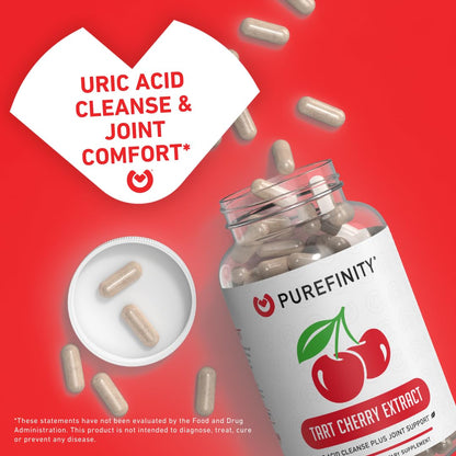 PUREFINITY Tart Cherry Capsules – Uric Acid Flush & Cleanse to Support Joint & Muscle Comfort with Raw Tart Cherry Extract, Non-GMO, Gluten Free, Vegan – 180 Count (6 Month Supply)