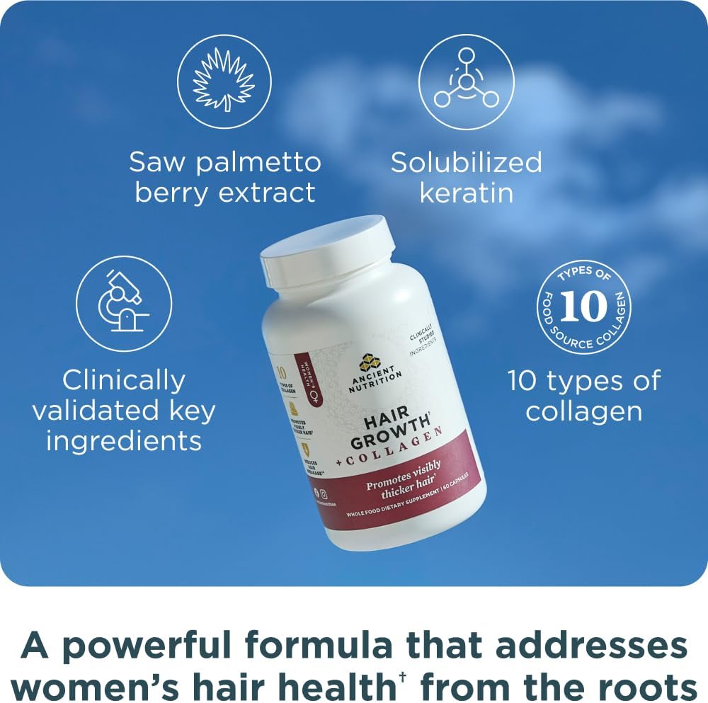 Ancient Nutrition Hair Growth + Collagen Supplement, Hydrolyzed Collagen Peptides, Clinically Studied Superfoods for Hair Growth Support, Thicker, Fuller Hair and Radiant Skin, 60 Count Gsupps Australia