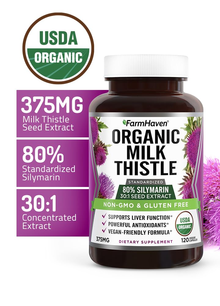 FarmHaven USDA Organic Milk Thistle Capsules | 30X Concentrated Seed Extract & 80% Silymarin Standardized - Supports Liver Function and Overall Health FarmHaven