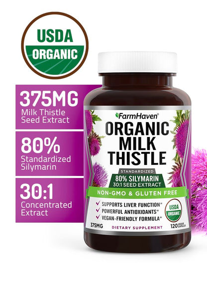FarmHaven USDA Organic Milk Thistle Capsules | 30X Concentrated Seed Extract & 80% Silymarin Standardized - Supports Liver Function and Overall Health FarmHaven