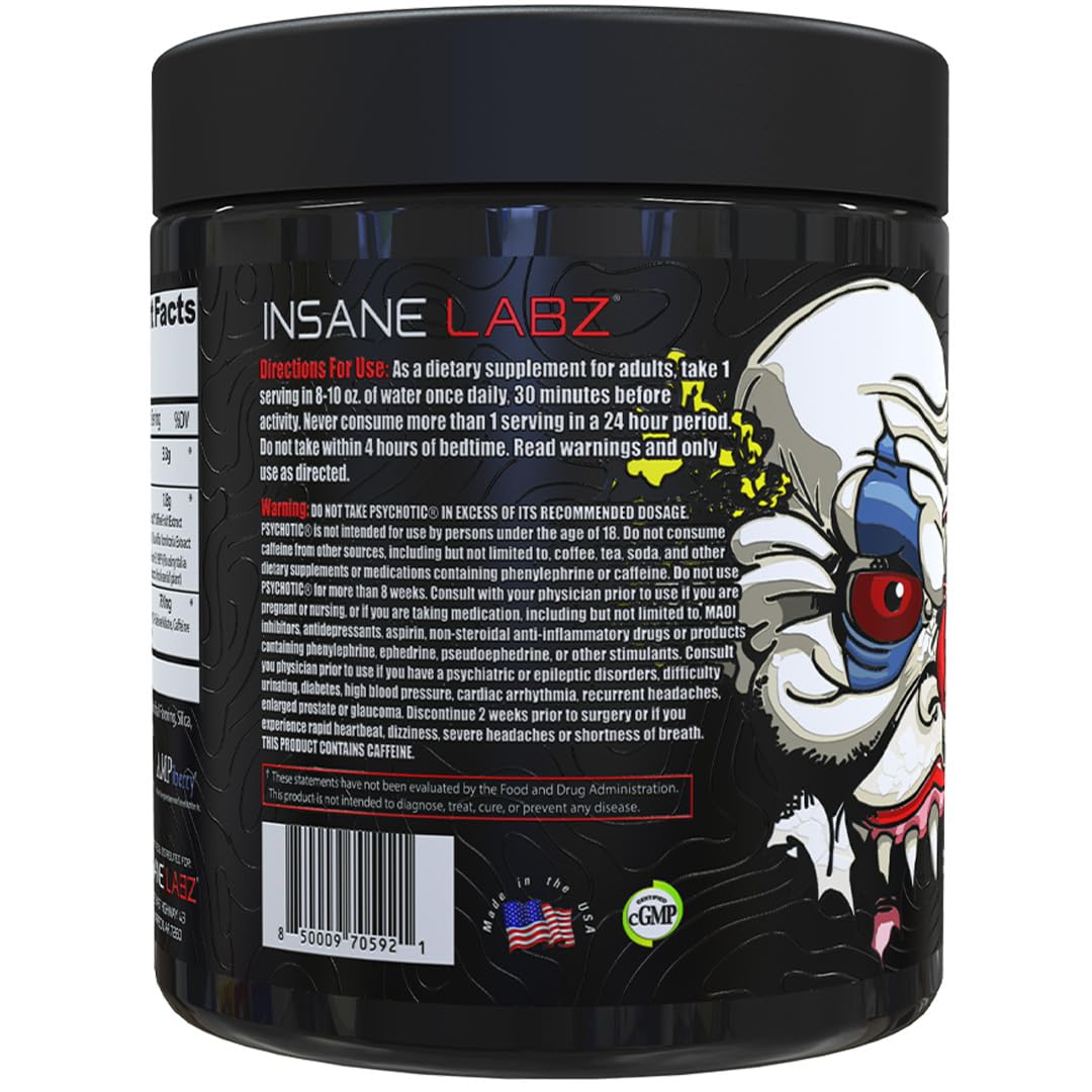 Insane Labz Psychotic Xtreme, High Stimulant Pre Workout Powder, Extreme Lasting Energy, Focus and Endurance with Beta Alanine, Panax Ginseng, Theobromine, DMAE (30 Servings, Fruit Punch)