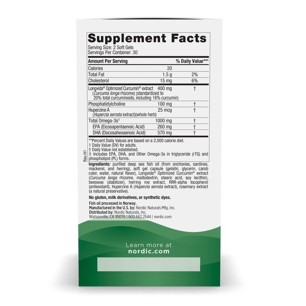 Nordic Naturals Memory Support with Curcumin - 60 Soft Gels - 1000 mg Omega-3 + 400 mg Optimized Curcumin - Memory, Cognition - Contains Phosphatidylcholine & Huperzine A - Non-GMO - 30 Servings Nordic Naturals buy australia supplements