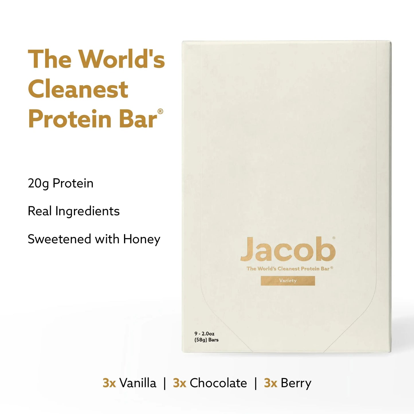 Jacob Bar, Protein Bars, Variety Pack (9 Bars Total) Contains 3 of Each; Chocolate, Vanilla, Berry - 20g Grass-Fed Protein, No Seed Oils, Nothing Artificial Jacob